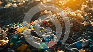Sunset Over a Plastic Waste Landfill. Generative AI
