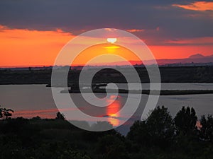 Sunset over the pond of ivars and vila sana one spring afternoon, ivars, vila sana, lerida, spain, europe