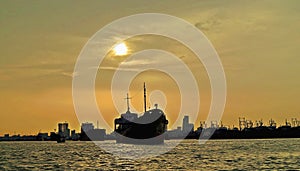 sunset over port of Chittagong, Bangladesh