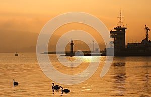 Sunset over Port of Varna. photo