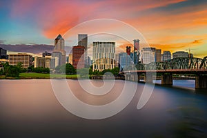 Sunset over Portland downtown and the Willamette River in Portland, Oregon