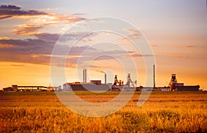 Sunset over the potash plant.Industrial landscape at sunset
