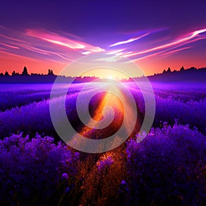 Sunset over purple lavender fields in Provence, France generative AI