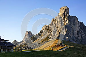 Sunset over Ra Gusela or Gusela del Nuvolau - 2.595 m, seen from Passo Giau