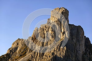 Sunset over Ra Gusela or Gusela del Nuvolau - 2.595 m, seen from Passo Giau