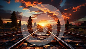 Sunset over railroad track, nature beauty vanishing into the horizon generated by AI