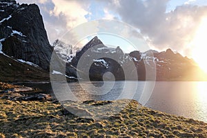 Sunset over Reinefjorden in Lofoten