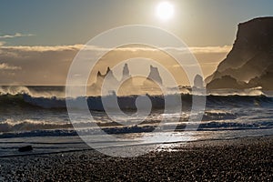 Sunset over the Reynisdrangar Seastacks, Iceland