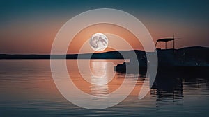 sunset over the river A blue moon over water, representing the calmness and the serenity of water. The moon is soft