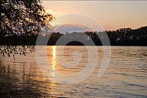 Sunset over river Danube during hot summer