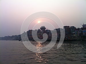 Sunset over River Ganges in Varanasi, India