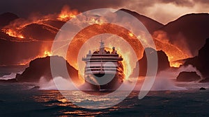 sunset over the river Horror cruise ship with a waterfall of fire, with a landscape of burning ship and lava,