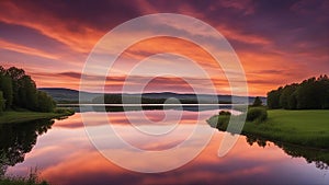 sunset over the river _A lake and a road at sunset with a stunning reflection. The image shows a calm and serene scene