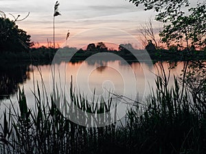 Sunset over the river in the rays of the evening sun