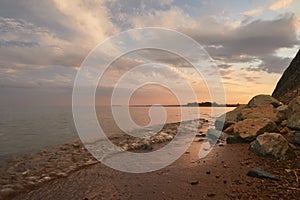 Sunset over the river, wide angle view, selective focus