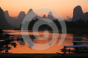 Sunset over the river at Xingping, Guilin photo
