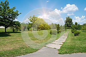 Sunset over the road. Sunrise in summer beautiful park. Bright sunny day in park. The sun rays illuminate green grass and trees.