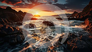 Sunset over the rocky coastline, nature tranquil beauty reflected generated by AI