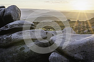 Sunset over rocky hills