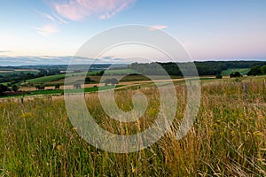 Sunset over the rolling hills in Elkenrade in the of south Limburg in the Netherlands with a spectacular view over the fields