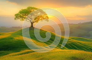 Sunset over rolling hills with a lone tree photo