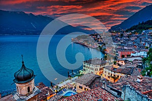 Sunset over the roofs of Limone on Lake Garda
