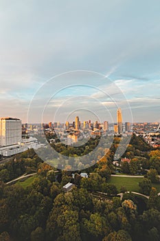 Sunset over Rotterdam city centre and its surrounding park. Sunset in one of the most modern cities in the Netherlands