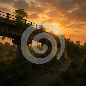 Sunset Over the Ruined Overpass AI-GENERATED