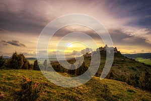 Sunset over the ruins of Spis Castle in Slovakia