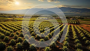 Sunset over a rural farm, green fields stretch to mountains generated by AI