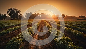 Sunset over the rural farm meadow, yellow growth generated by AI