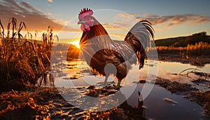 Sunset over a rural farm, a rooster crowing at dawn generated by AI