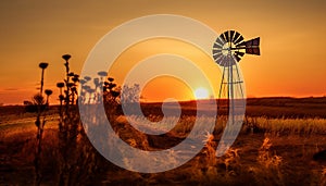 Sunset over rural farm, windmill silhouette harnessing wind power generated by AI