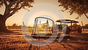 Sunset over rural landscape, old truck abandoned generated by AI