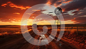 Sunset over rural landscape, windmill harnessing wind power generated by AI