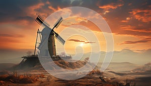 Sunset over the rural landscape, windmill spins in the wind generated by AI