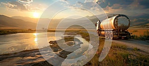 Sunset over rural road with fuel tanker truck moving through picturesque countryside landscape.