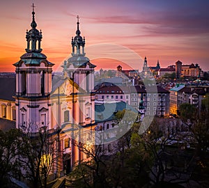 Sunset over the Saint Stanislaus church Skalka with a view of the Wawel castle, Krakow, Poland