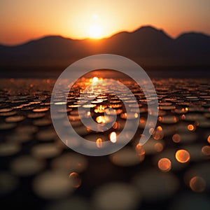 Sunset over the salt flats in death valley, nevada with small circles in the foreground and mountains in the background
