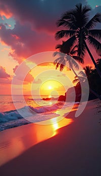 Sunset over Samoan beach with swaying palm trees , seascape, palm tree silhouette