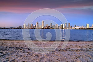 Sunset over the San Diego skyline across San Diego Bay from Coronado Island