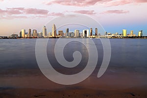 Sunset over the San Diego skyline across San Diego Bay from Coronado Island