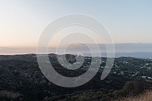 Sunset over the San Fernando Valley in Los Angeles viewed from the Marvin Braude Mulholland Gateway Park, California