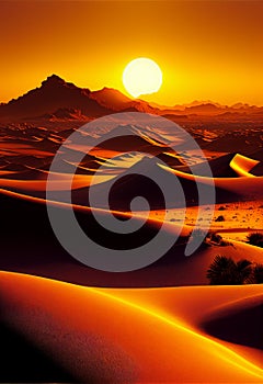 Sunset over sand dunes in the desert. AI generated.