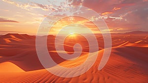 Sunset over the sand dunes in the desert. Arid landscape of the Sahara desert.