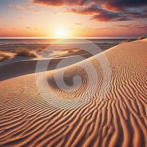 Sunset over the sand dunes in the desert. Sunrise over the sea.