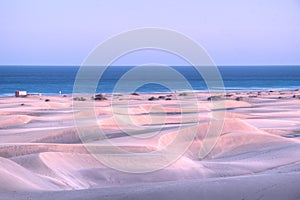 Sunset over sand dunes at Maspalomas, Gran Canaria, Canary Islands, Spain