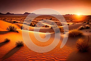 Sunset over the sand dunes in the Sahara desert, Morocco