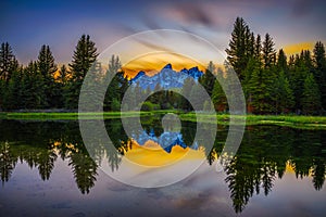 Sunset over Schwabacher Landing in Grand Teton National Park, Wyoming