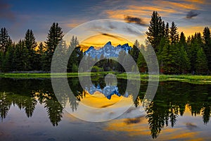 Sunset over Schwabacher Landing in Grand Teton National Park, Wyoming